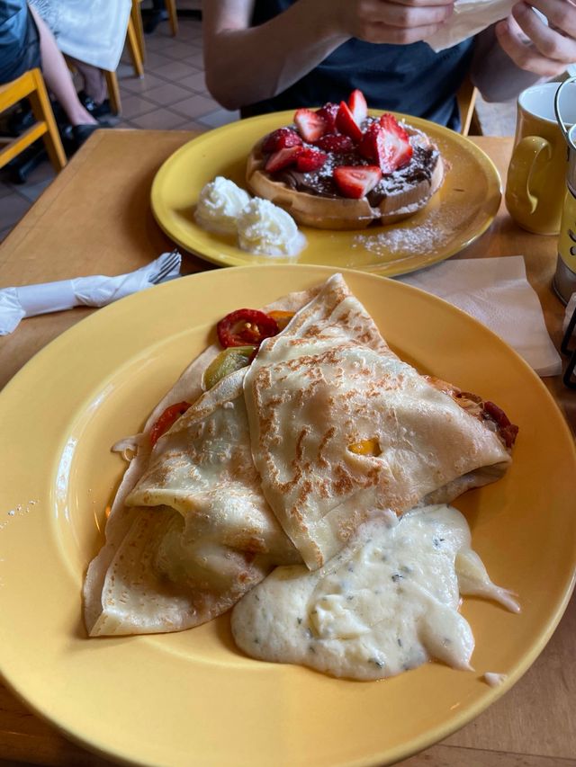 Chicken Fajita Crepes and Nutella Strawberry Waffle
